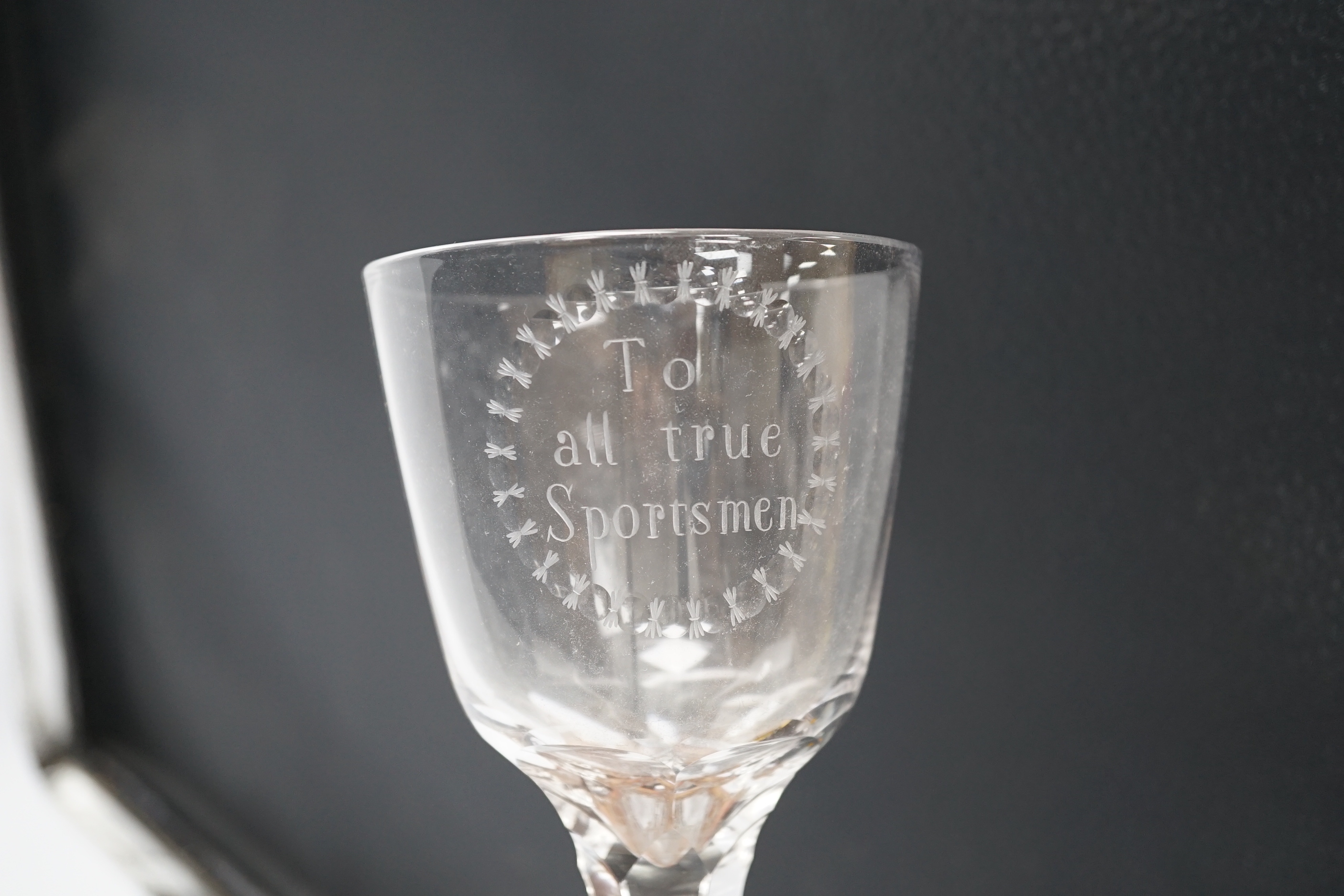 An etched George III-style wine glass 'To all true sportsmen', 18cm